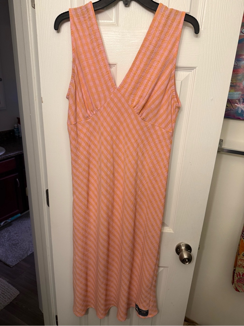 V-Neck Sleeveless Midi Dress in Pink and Orange Stripes